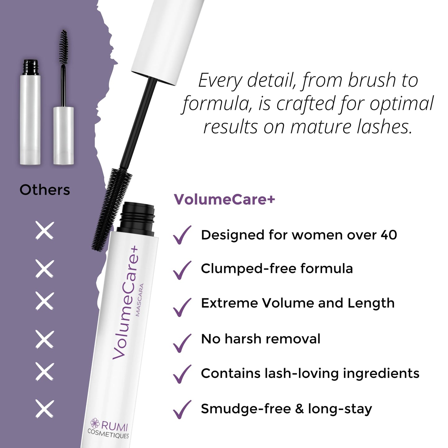 Rumi Cosmetiques VolumeCare+ Mascara For Mature Women - Extreme Length and Volume 2-in-1 Formula - No Clumps or Flaking, Long-Wearing, Hypoallergenic Mascara For Sensitive Eyes (Dark Brown)