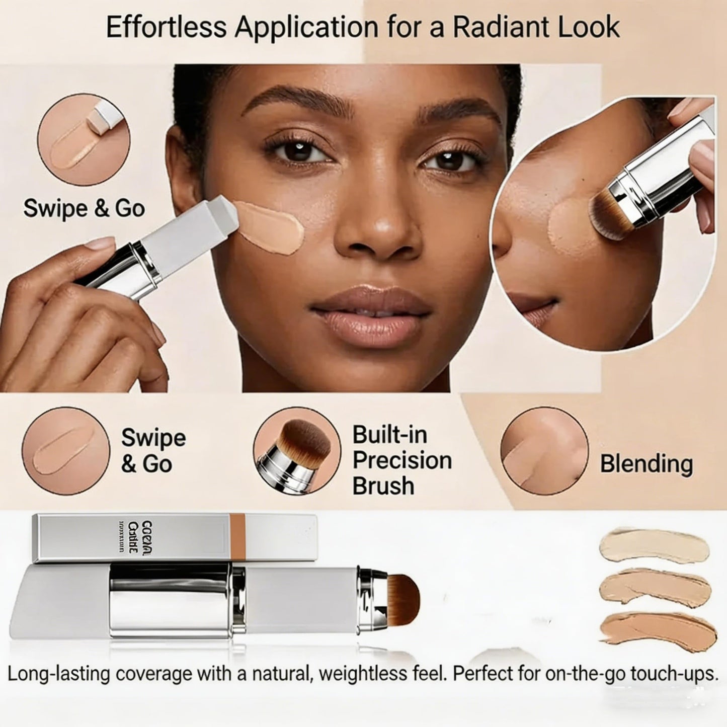 Skin Matching Foundation, Color Changing Foundation Stick, 2 in 1 Concealer Stick with Brush, Full Coverage Dual-Ended(Natural)