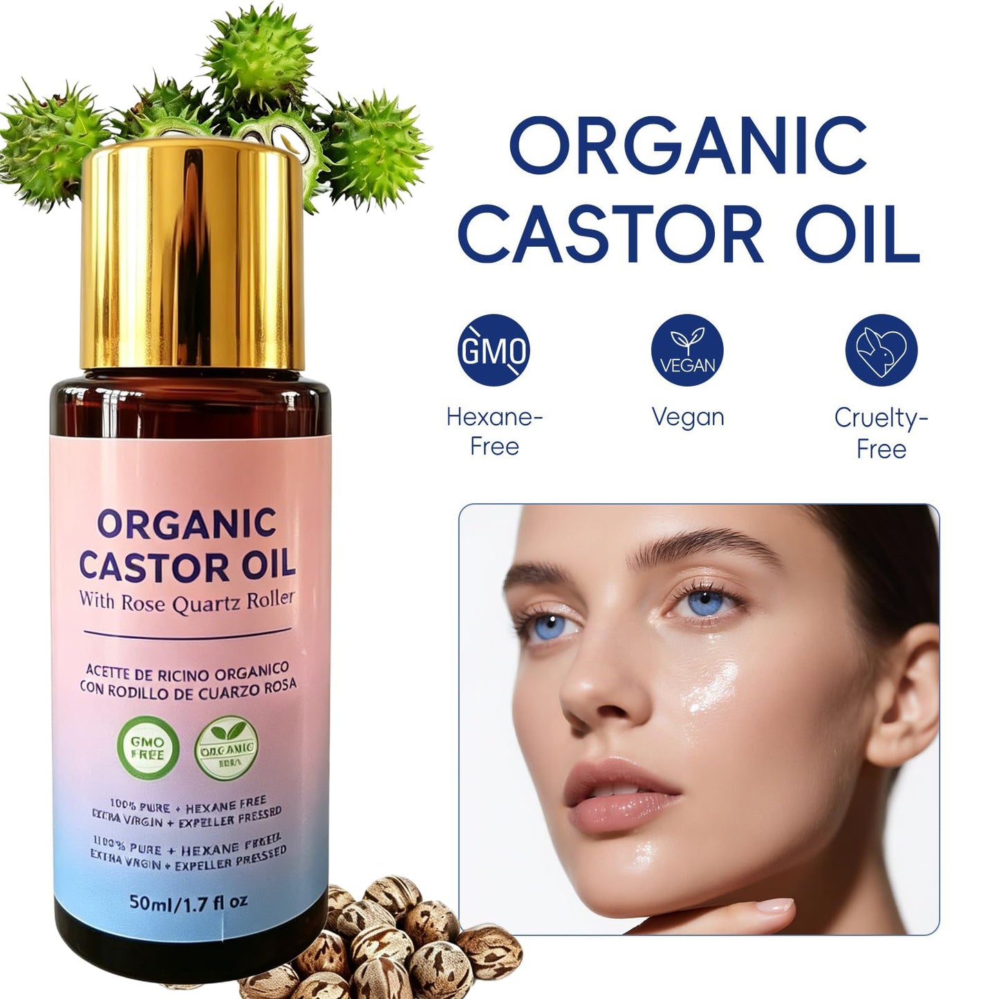 Organic Castor Oil with Rose Quartz Roller Ball, 100% Castor Oil Organic Cold Pressed for Hair, Face & Body Skin Moisturizing Care, Hexane-Free. 1.7 Fl Oz