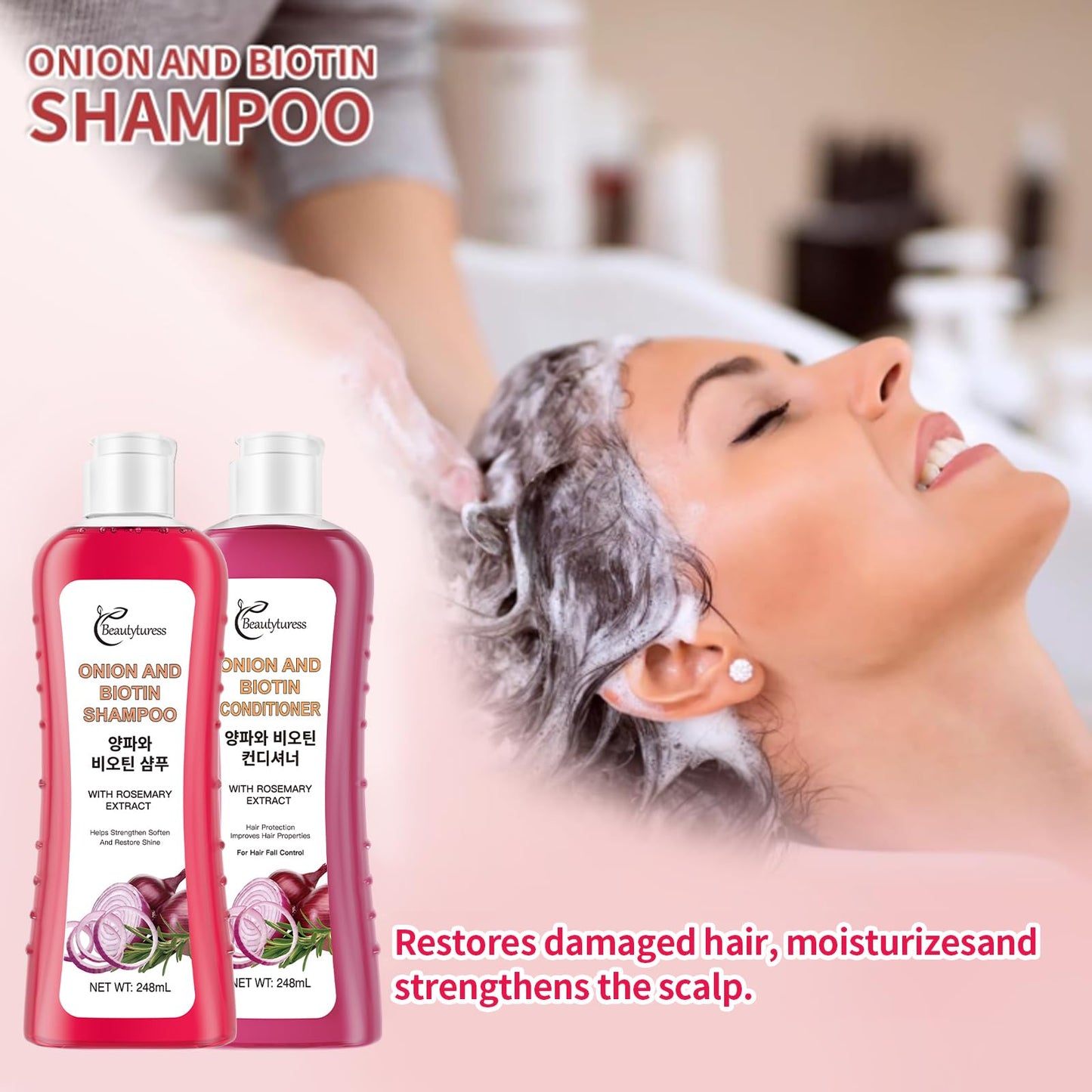 Onion Biotin and Rosemary Shampoo and Treatment Set Shampoo, Conditioner and Treatment for All Hair Types, Pink (248ML*2)