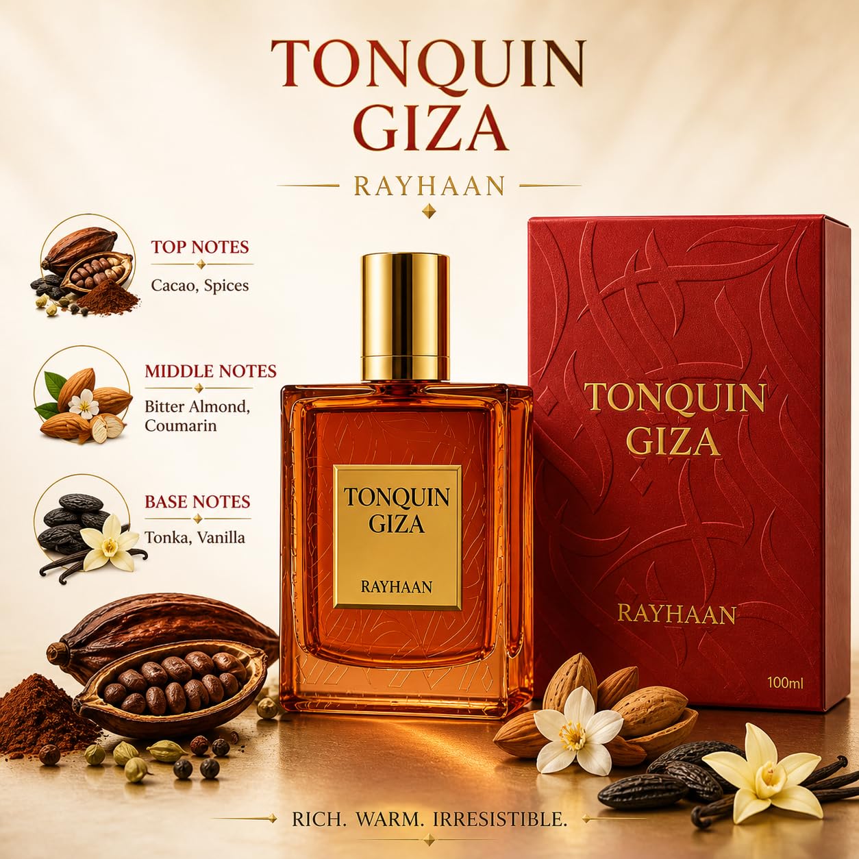 Rayhaan Tonquin Giza Eau de Parfum Spray - Gourmand Spicy Sweet Fragrance for Unisex | 3.4 Ounce / 100 ml