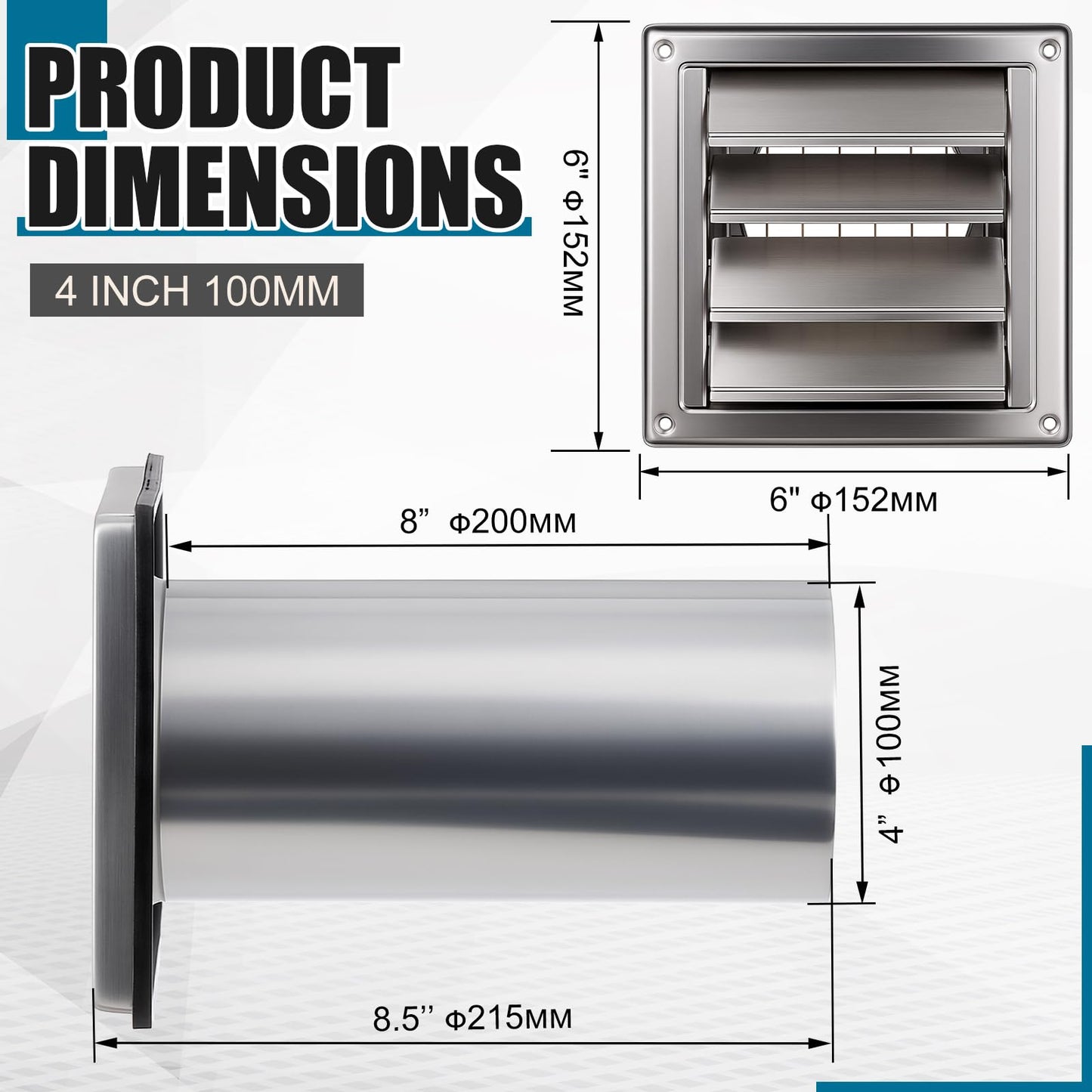 Glooglitter 4'' Dryer Vent Cover Outside Wall Stainless Steel Dryer Vent Cover Kit, Built-in Mesh, with 8 Inch Removable Extension Pipe and 4 Pcs Screws, for House Outdoor Extended Air Pipe