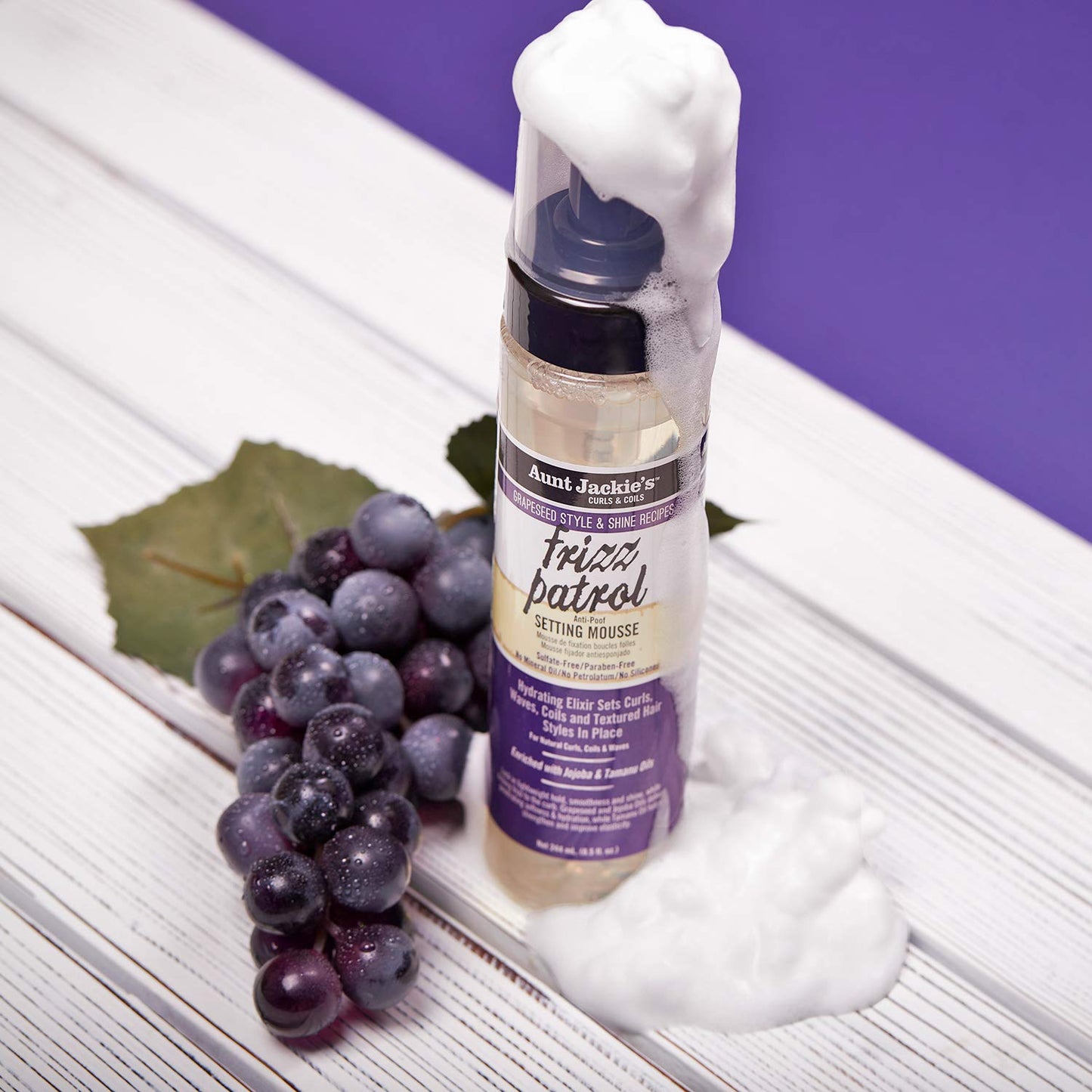 Aunt Jackie's Grapeseed Style and Shine Recipes Frizz Patrol Anti-Poof Setting Hair Mousse, Sets Curly Hair Styles in Place,Purple Fl.Oz 8.5 Ounce