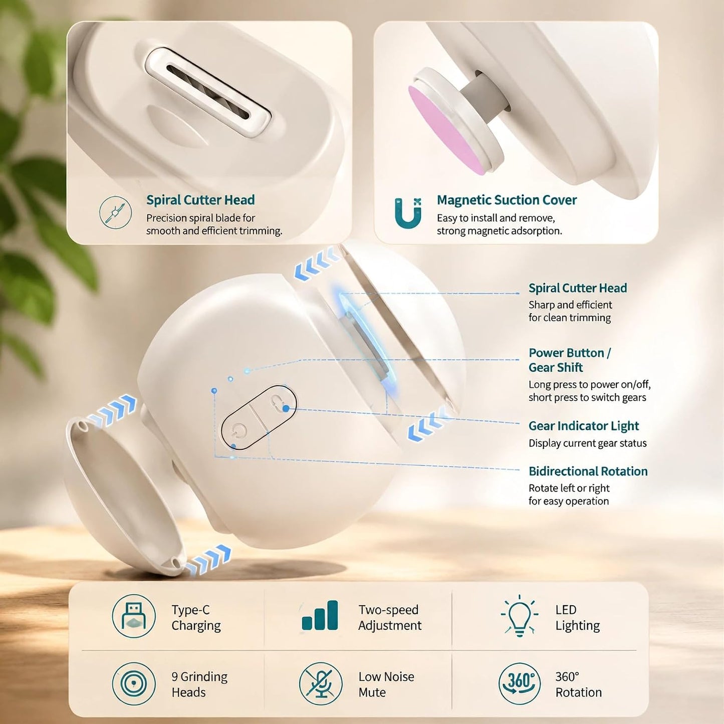 Electric Nail File & Trimmer for Seniors & Babies - Rechargeable, Quiet, LED Light, Multiple Speeds, Built-in Storage