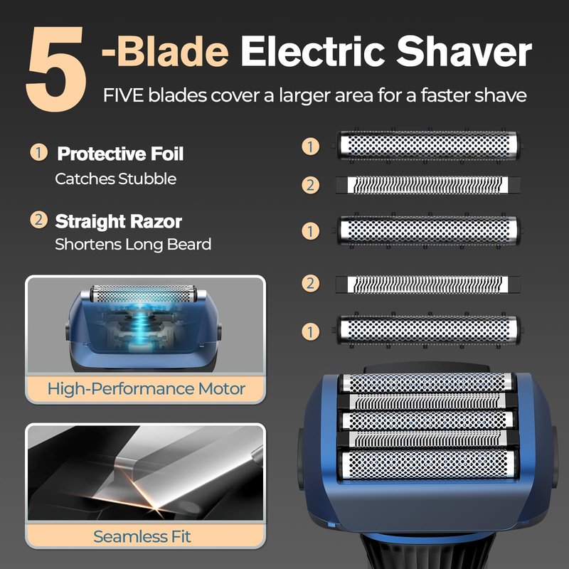 5-Blade Cordless Electric Razor for Men, 2-Speed Electric Shavers for Men Face, Close Shaving Men's Foil Shaver for Coarse Hair Wet/Dry USB-C Fast Charging &100 Min Runtime - Travel-Ready & Giftable
