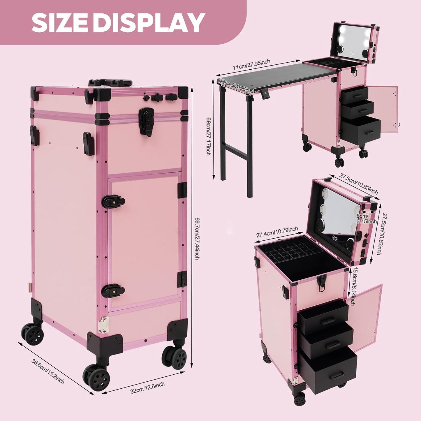 Portable Rolling Manicure Table - Foldable Nail Desk with Storage & Adjustable Light | Pink, 3 Drawers