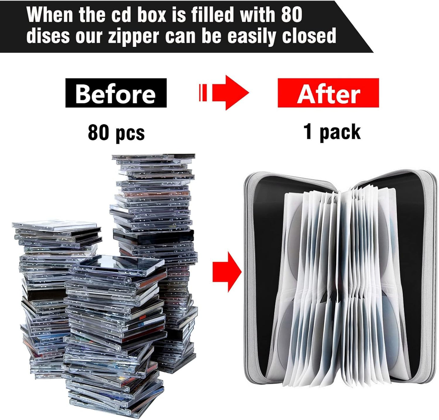 CD/DVD Wallet Holder - 80 Capacity Hard Plastic Case for Travel | Portable Zipper Storage Bag (Black)