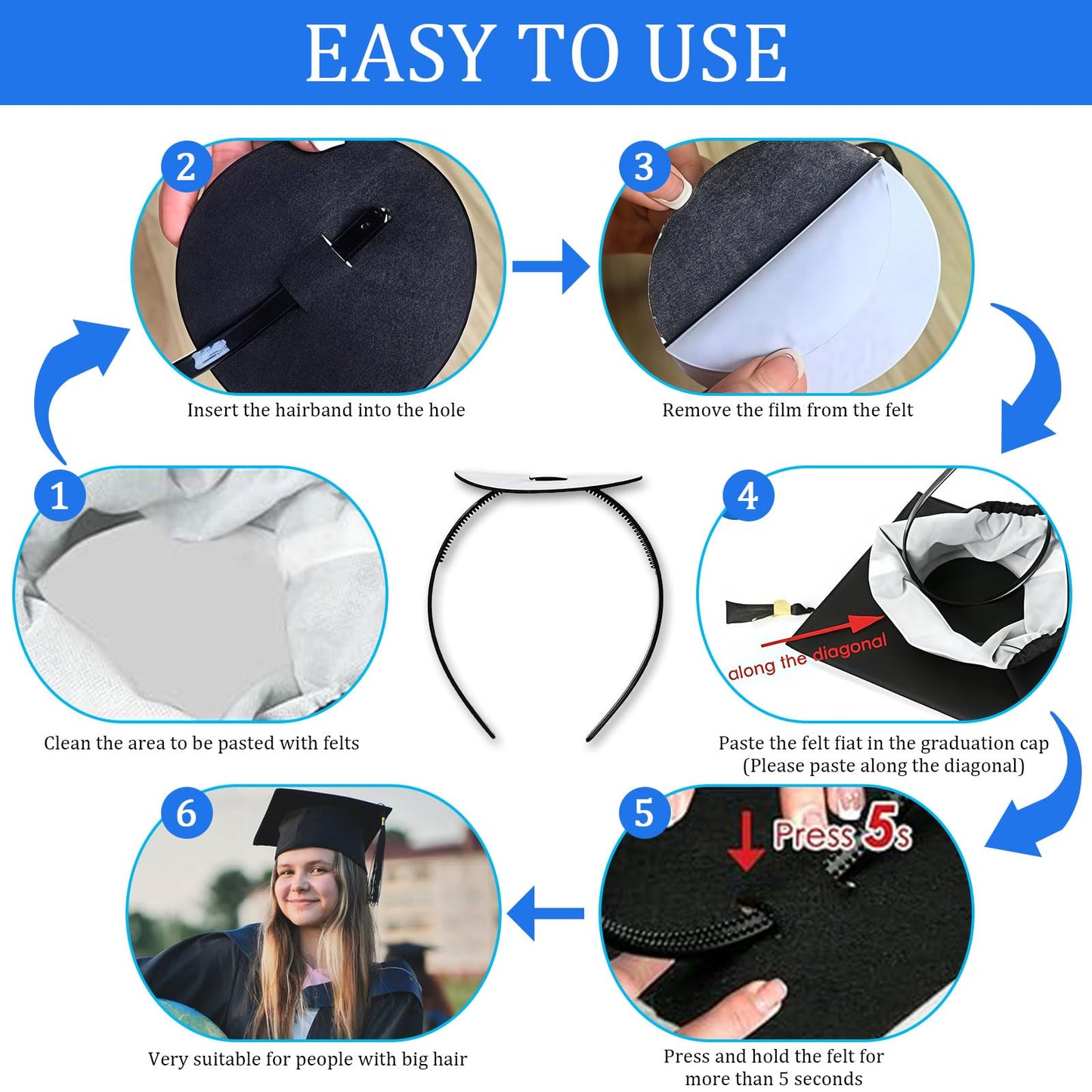 HIFANMM Graduation Cap Headband Insert, Holder Clip Secures Grad Cap for Students, Upgrade Graduation Hat Headbands, Keeps Hairstyle Intact, Hat Accessories for Graduates Non Slip Head Band 1Pcs