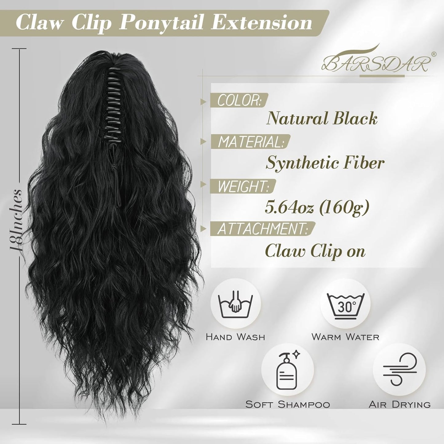 Black Ponytail Extension - 18 Inch Curly Claw Clip Hairpiece for Women | Natural Black Multi-Layered Synthetic Ponytail