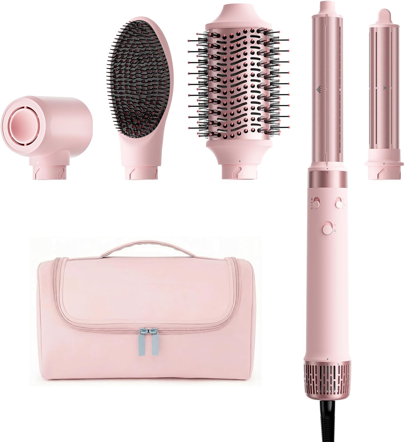 Dual Voltage Hair Dryer Brush - 5 in 1 Hot Air Styler with Auto Wrap Curlers | Fast Drying, Volumizing, Peach Pink
