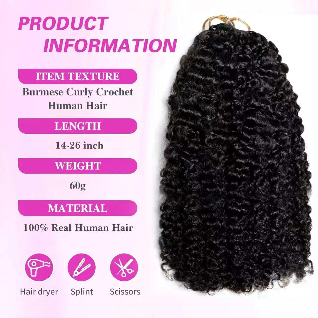Feather Crochet Human Hair 14 Inch Crochet Burmese Curly 15A 100% Human Hair Bundles 60g 55 Strands Pre-Separated Crochet Hair for Black Women Burmese Curly Invisible Crochet Hair Extensions