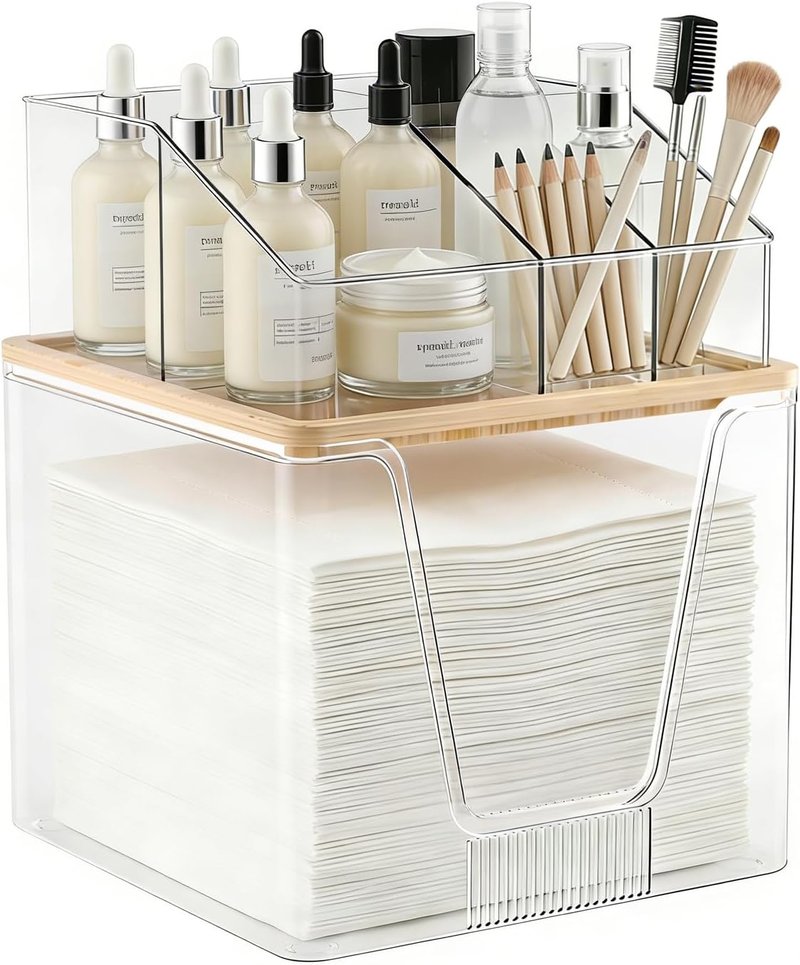 Disposable Facial Towel Holder & Cosmetic Organizer - Clear Storage with Bamboo Lid | Stackable Vanity Organizer for Bathroom Counter