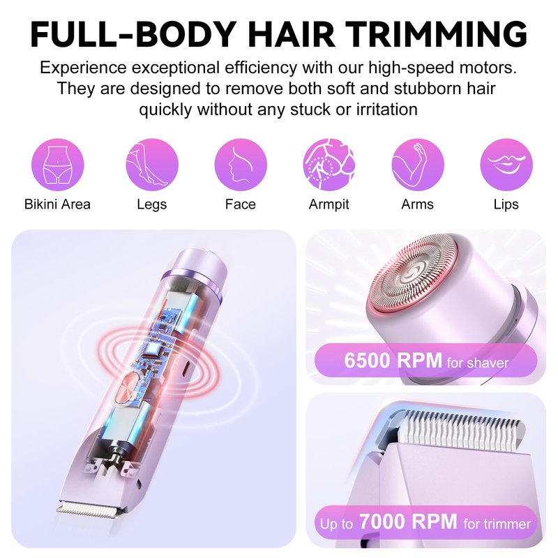 2-in-1 Bikini Trimmer for Women & Electric Razors for Women, Dual Head Design for Intimate Areas, Face, Underarms & Legs, IPX7 Waterproof Rechargeable Shaver, Portable Travel Personal Care (Purple)