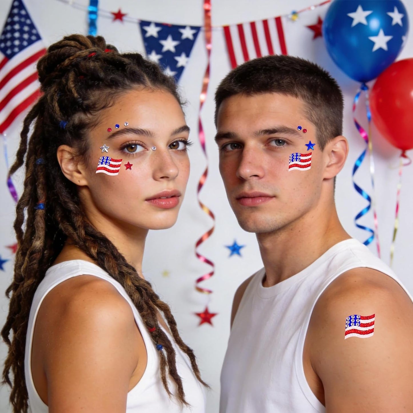 Face Gems - 80 Pcs USA Stickers for 4th of July | Patriotic Red, White, and Blue Decorations