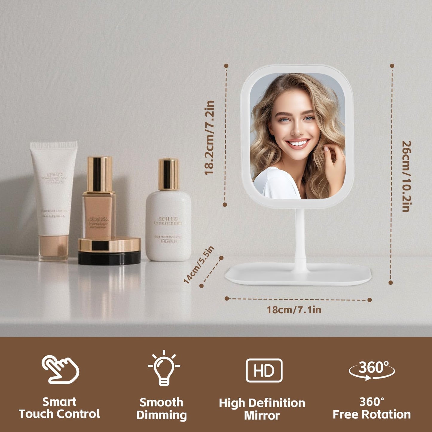 LED Makeup Mirror with Touch-Sensitive Controls - 270° Rotation, 3 Light Colors | Portable & Rechargeable