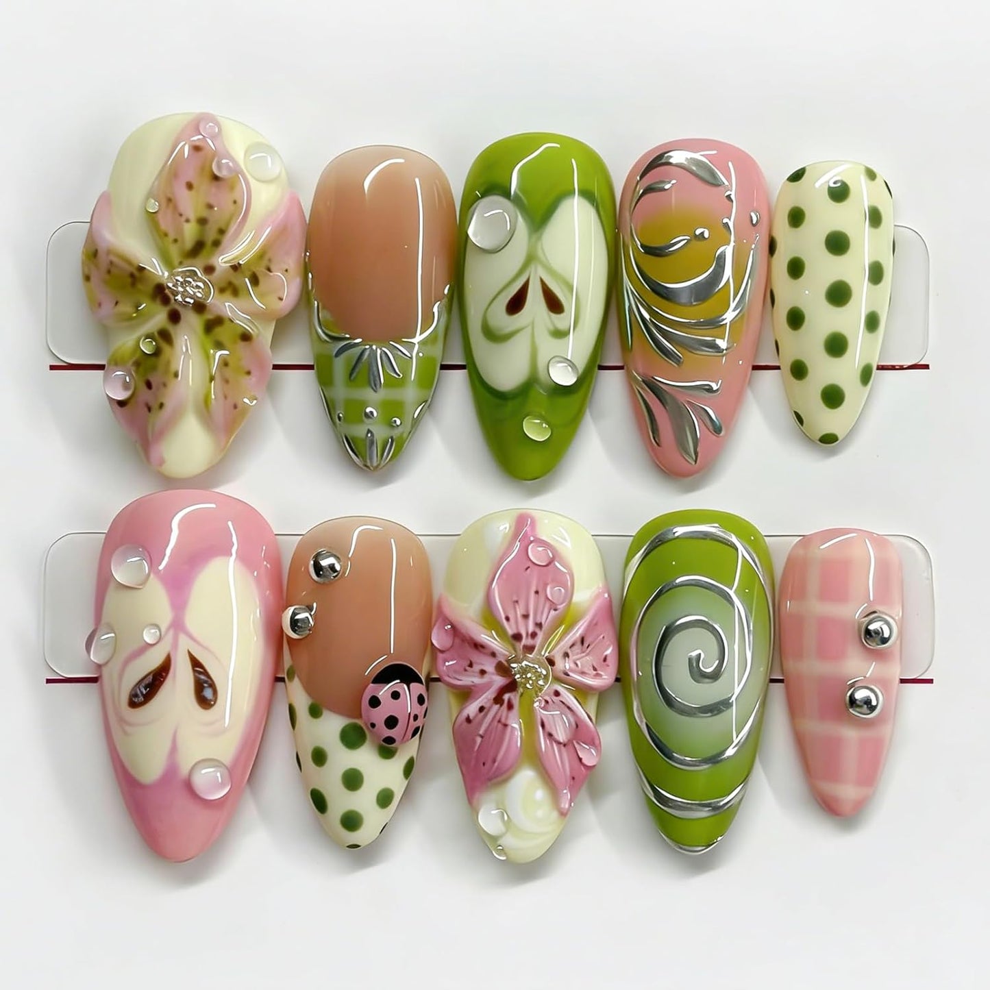 Press-On Nails - 24Pcs Medium Almond Beach Flower Design | Full Cover Acrylic with Shell & Starfish Rhinestones