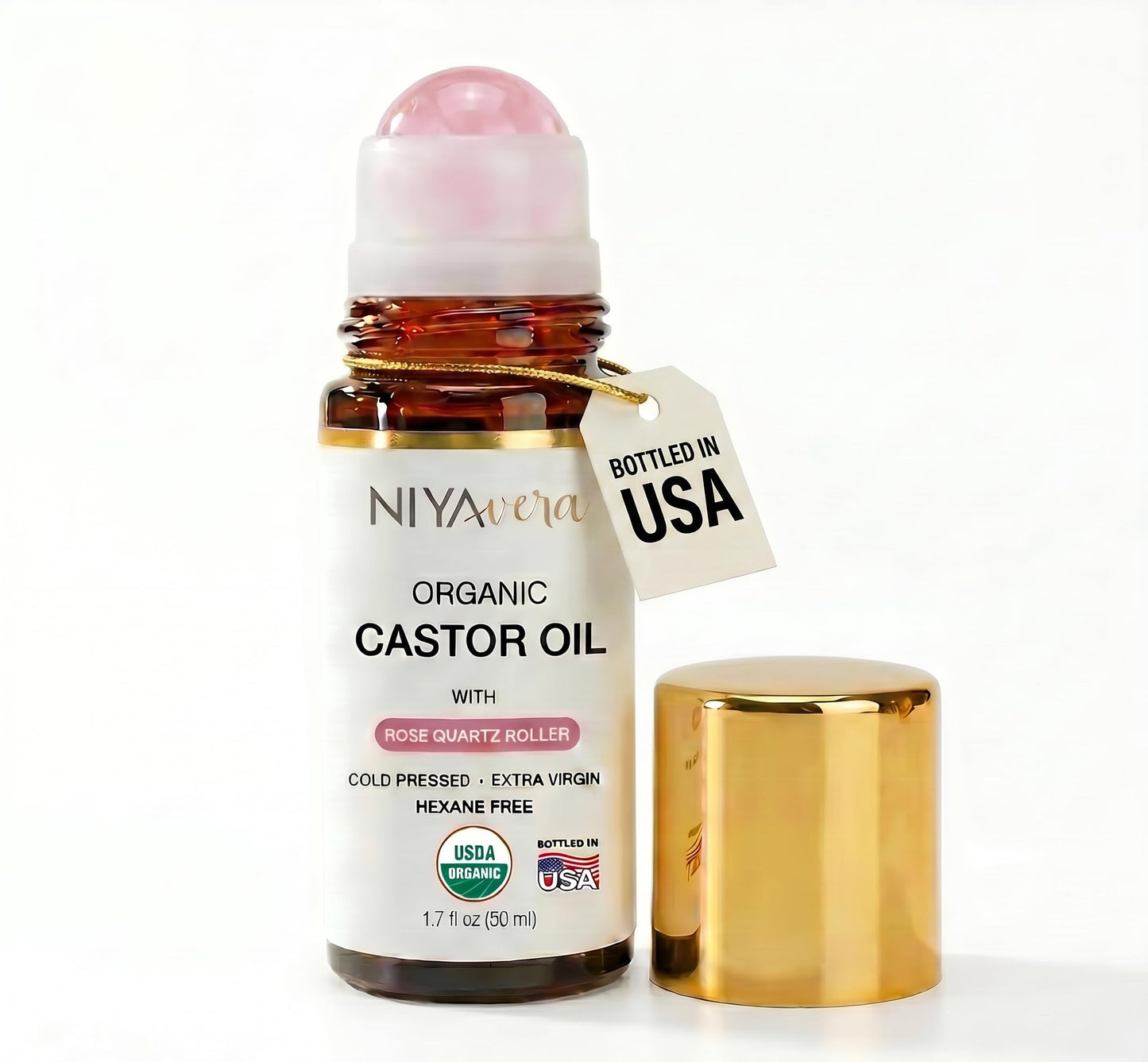 NIYAVERA Organic Castor Oil Roll on with Rose Quartz for Skin and Body - Cold Pressed Hexane Free Glass Bottle Unrefined 1.7 oz