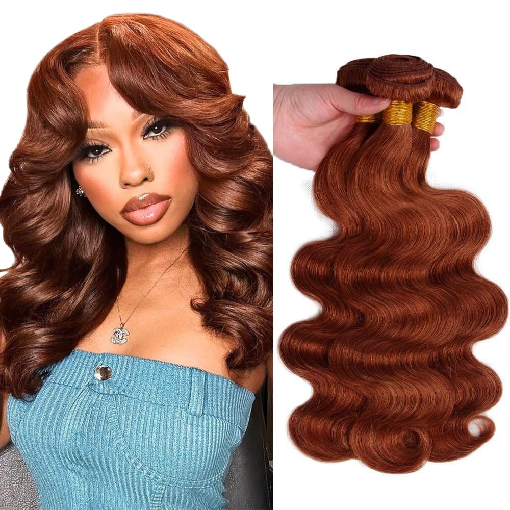 Copper Bundles Human Hair Color #33 Body Wave Bundle Unprocessed Virgin Remy Hair 3 Bundles 12 14 16 Inch Reddish Brown Bundle Hair Extensions