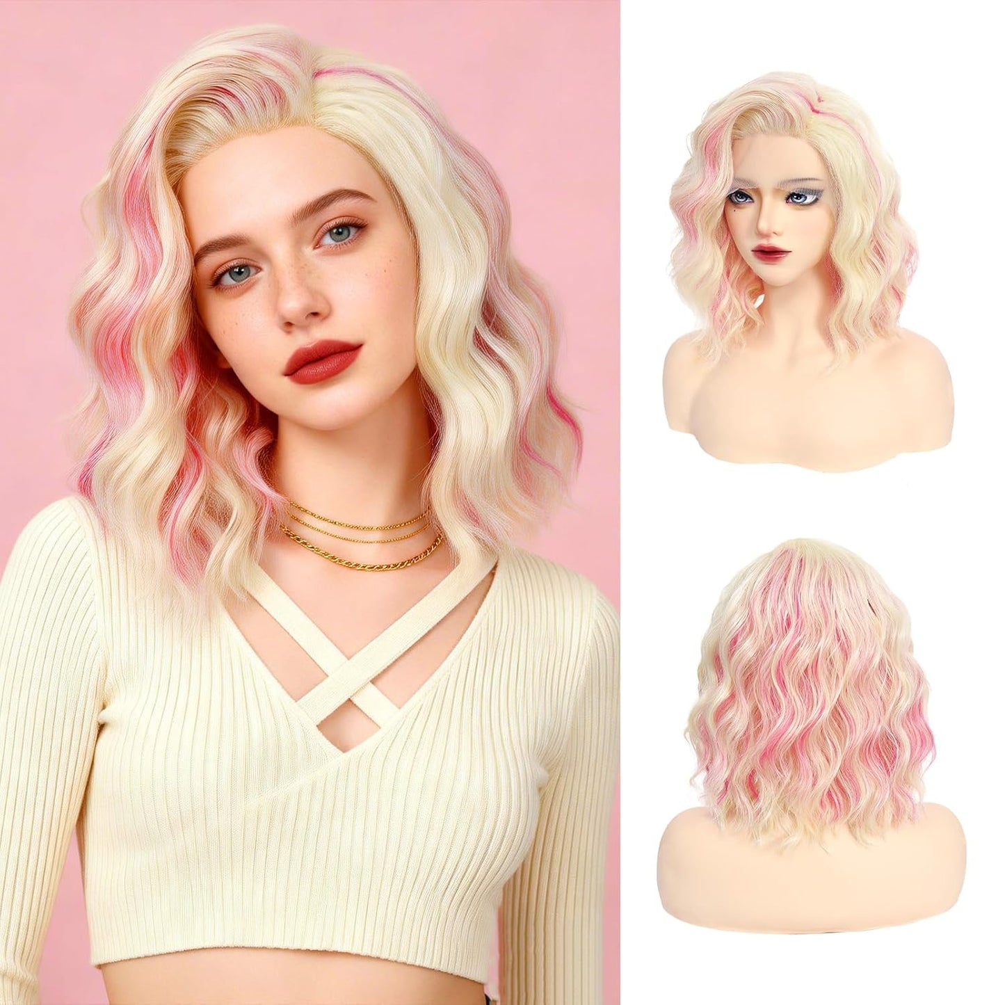 Wavy Bob Wig for Women - Short Brown Highlight Synthetic Hair | 14 Inch Lace Front for Daily Wear & Cosplay