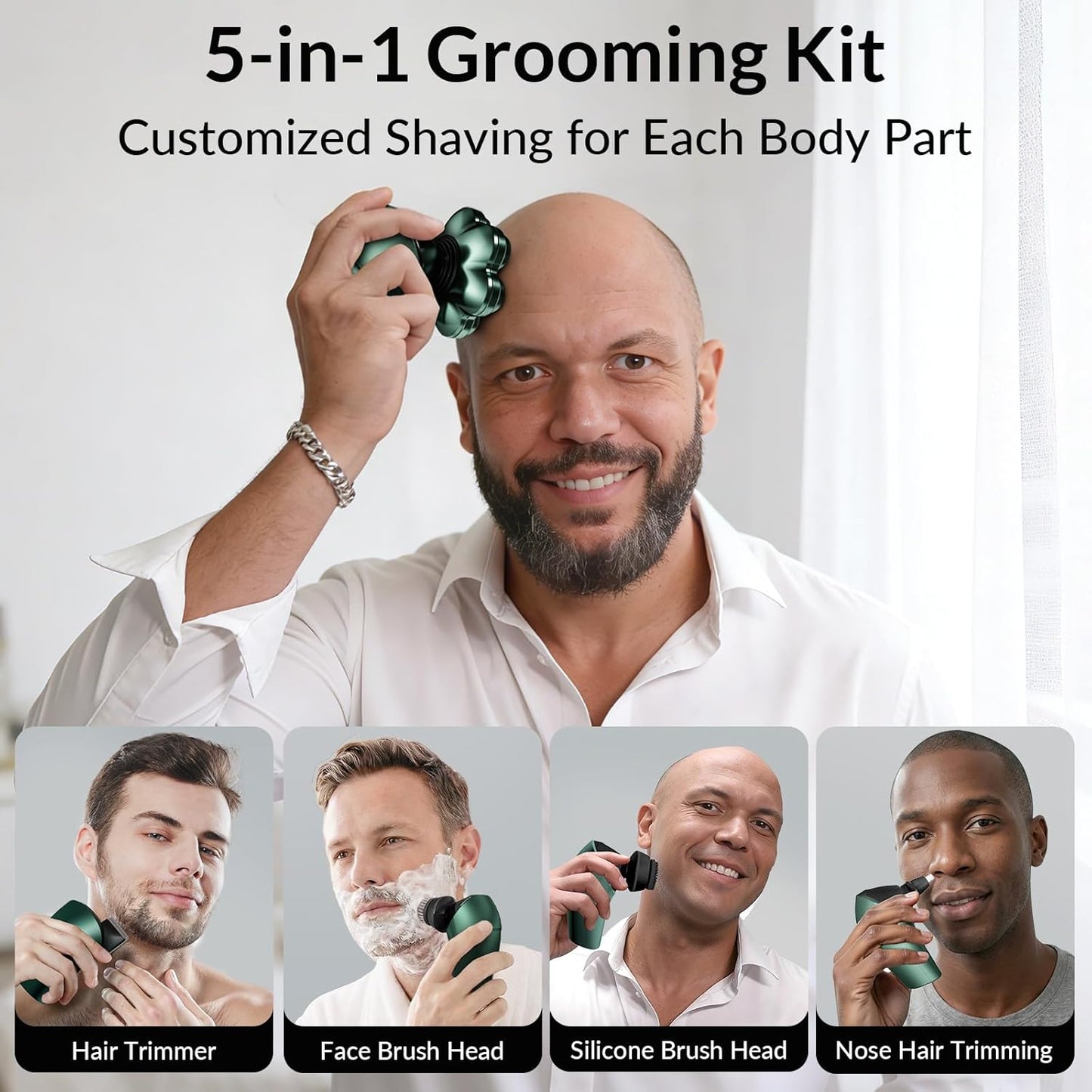 Electric Head Shaver for Bald Men - 7D Arc Magnetic Waterproof 5-in-1 Grooming Kit | Rechargeable Dark Green