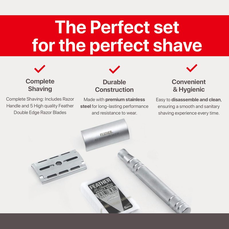 Feather - All Stainless Steel Double Edge Safety Razor AS-D2 - Luxurious Single Blade Razor for Men with Heavy Weight Handle - Built for Closer Shave - Includes 5 Hi-Stainless Blades - Made in Japan