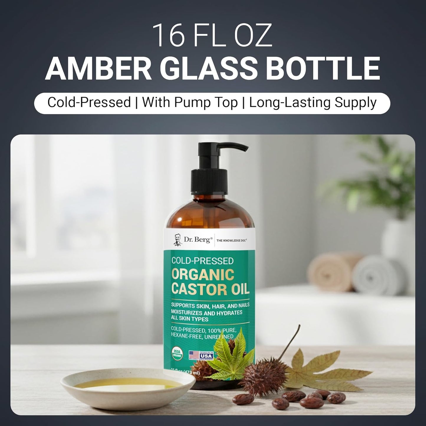 Organic Castor Oil - 16 fl oz Cold-Pressed Pure & Unrefined | USDA Organic, Lab Tested, Glass Bottle