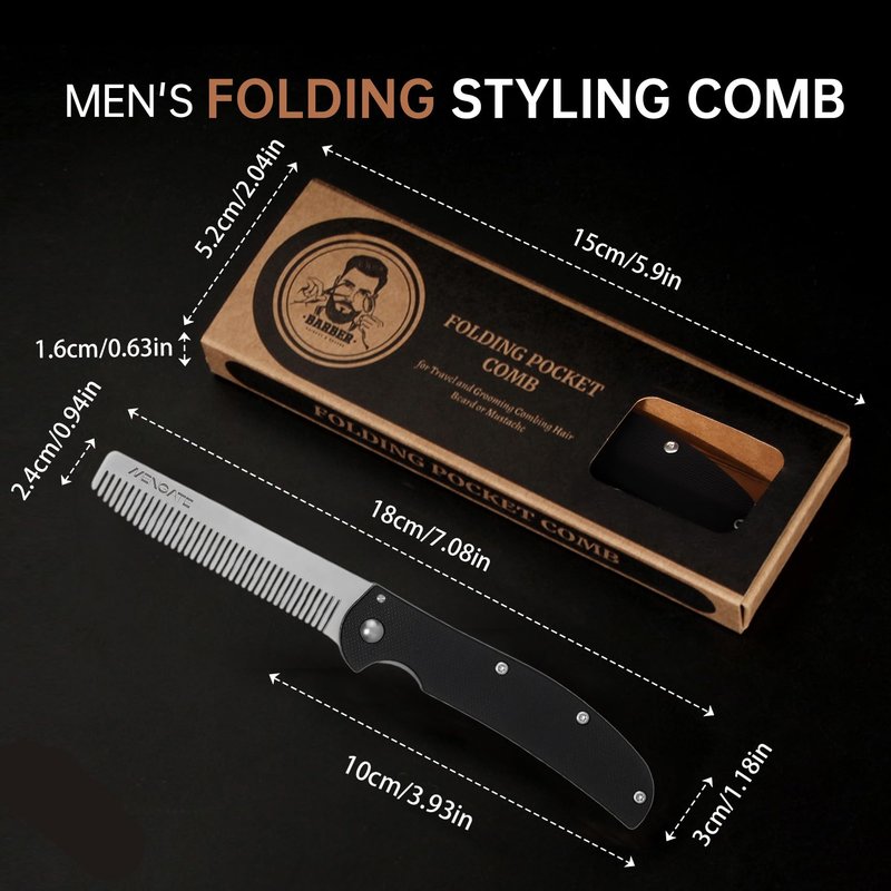 Folding Pocket Comb for Men - Stainless Steel Travel Hair & Beard Styling Tool, Compact 180° Rotating Design, Smooth Rounded Teeth, Portable Grooming Comb