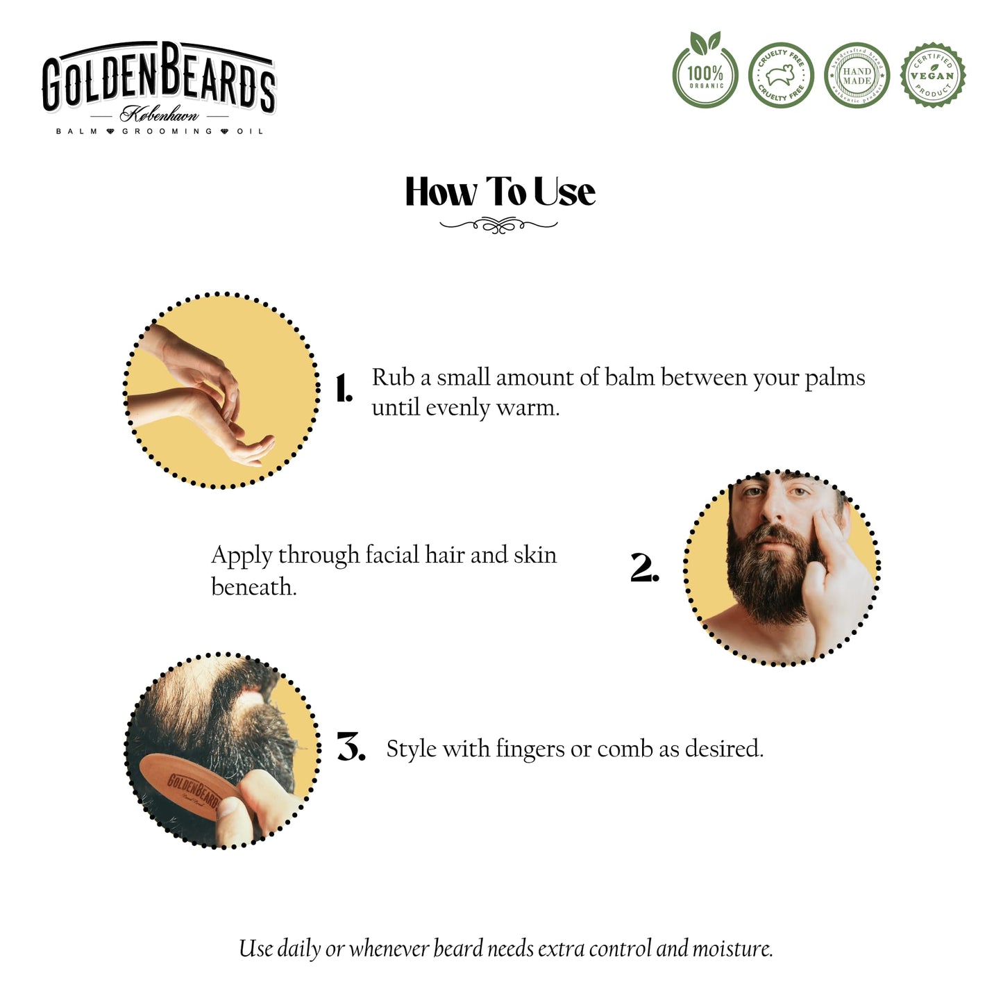 Golden Beards Organic Beard Balm Big Sur – Shea, Cocoa & Argan Butter Blend with Lime & Patchouli Scent – 60ml Vegan Beard Softener & Styling Balm, Handmade in Denmark.