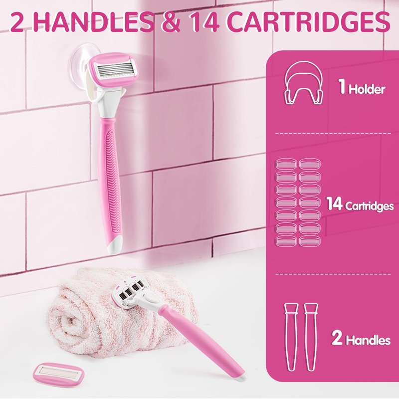 Razors for Women Include 2 Non-Slip Handles and 14 Blade Refills with a Shower Holder, 5 Premium Blades Women's Razors for Shaving with 360° Lubrication Reduces Irritation, Green
