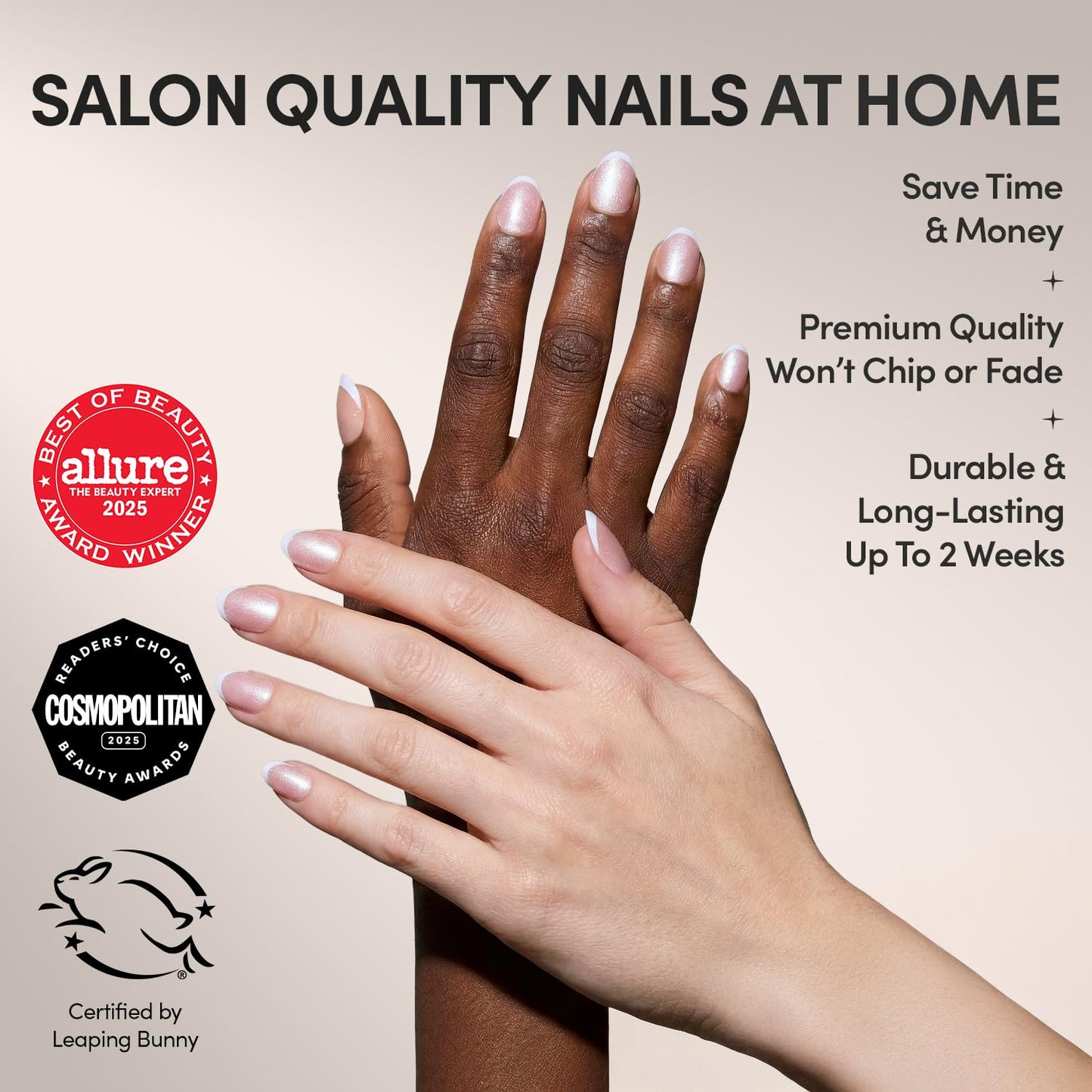 Glamnetic Press On Nails - Angelic Touch Spring Nails | Short Oval Fake Nails in a Delicate Nude Base with White French Tips and a Velvet Finish | 15 Sizes - 30 Nail Kit with Glue