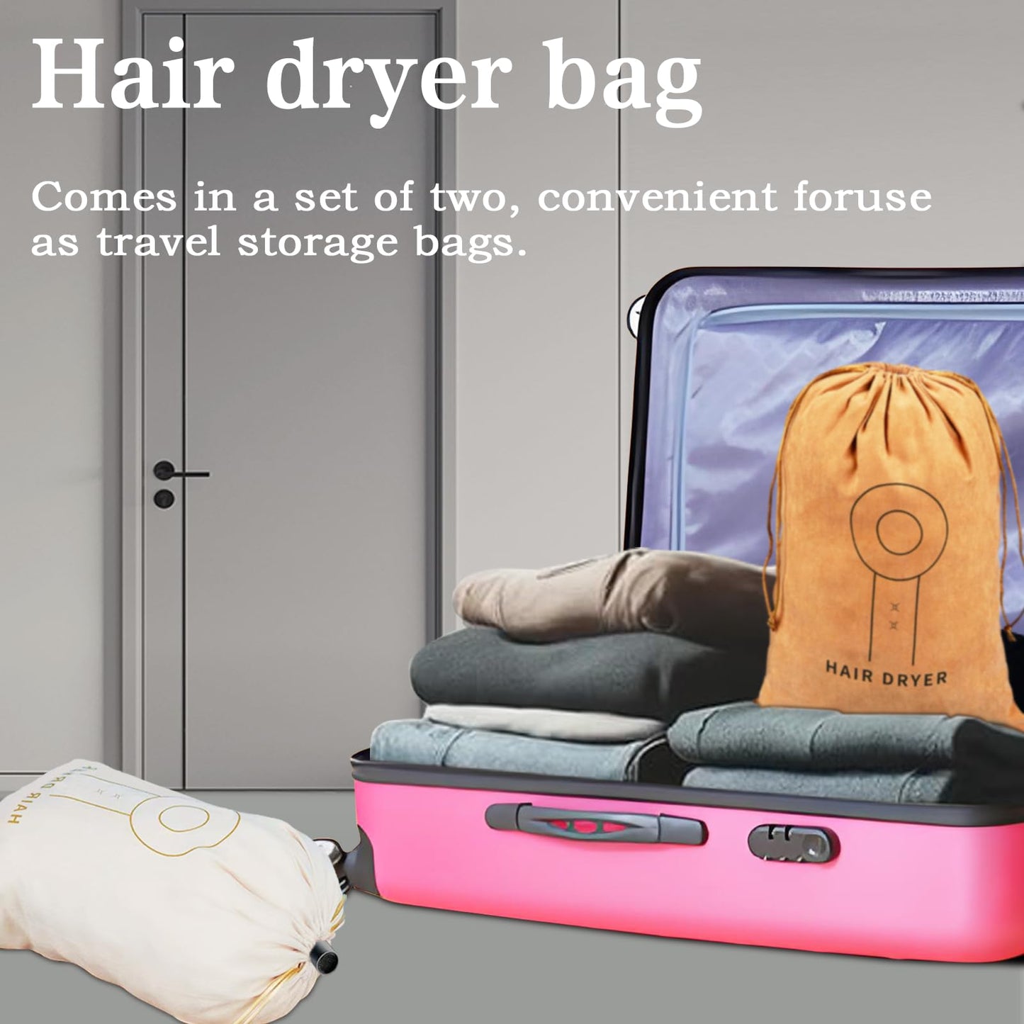 2-Pack Hair Dryer Bags, Hair Tool Organizer with Drawstring, Travel Bathroom Hair Dryer Bag - Travel, Gym, Hotel, Home Use (Brown)