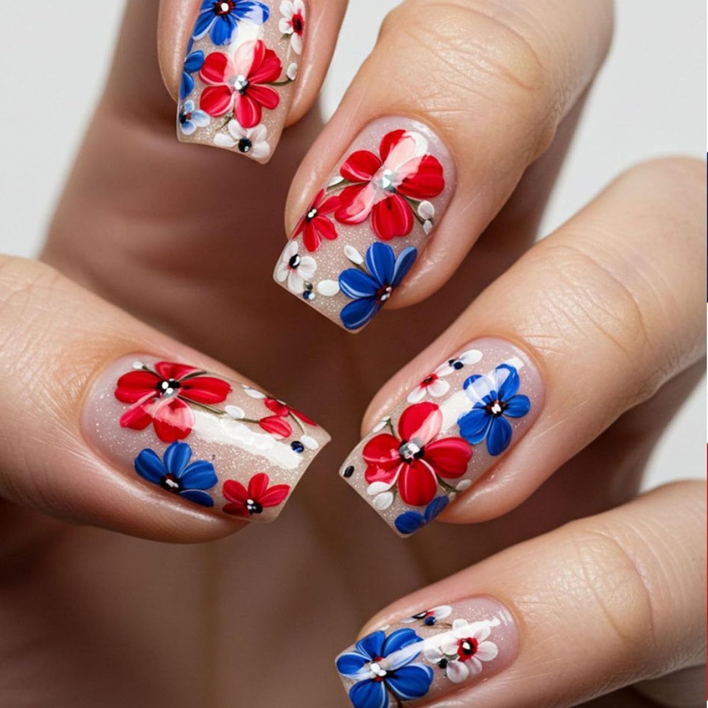 Press On Nails - Medium Square American Flag Glitter Design | 24Pcs Red, Blue & Gold 4th of July Fake Nails