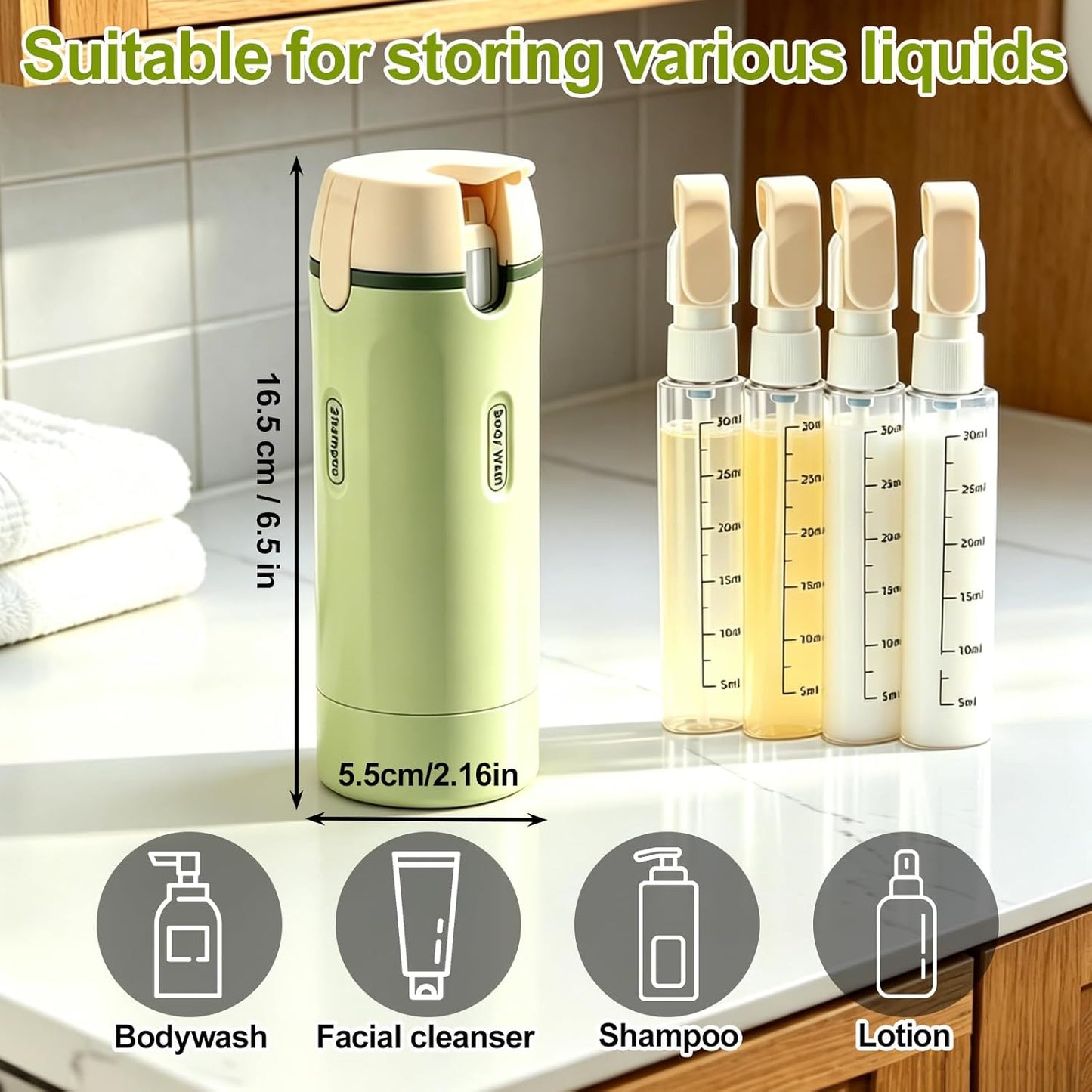 Travel Dispenser Bottle Set - 4-in-1 Leakproof Rotatable Pump for Toiletries | TSA Approved, 4x30ml (Green)