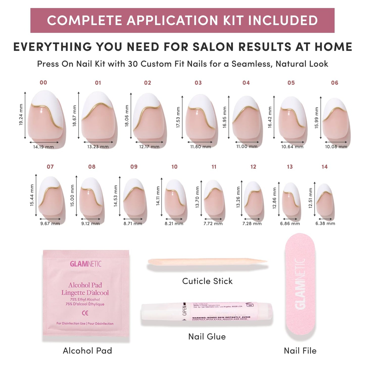 Press On Nails - Short Oval Fake Nails with Abstract White French Tips, Glossy Finish | 15 Sizes - 30 Nail Kit with Glue