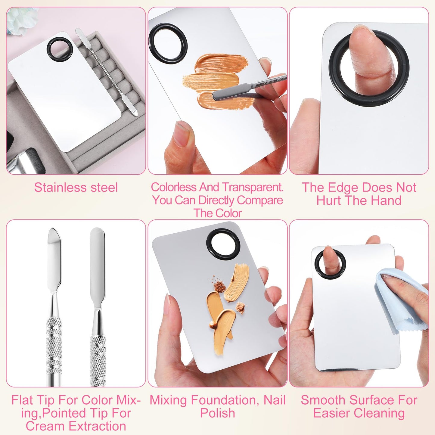 Matwsec 4 Pcs Makeup Mixing Palette with Flat Foundation Brush Dual-Head Make Up Spatula Triangle Powder Puffs, Foundation Palette for Women Girl Korean Facial Cosmetic, Nail Art, Pigment Blending