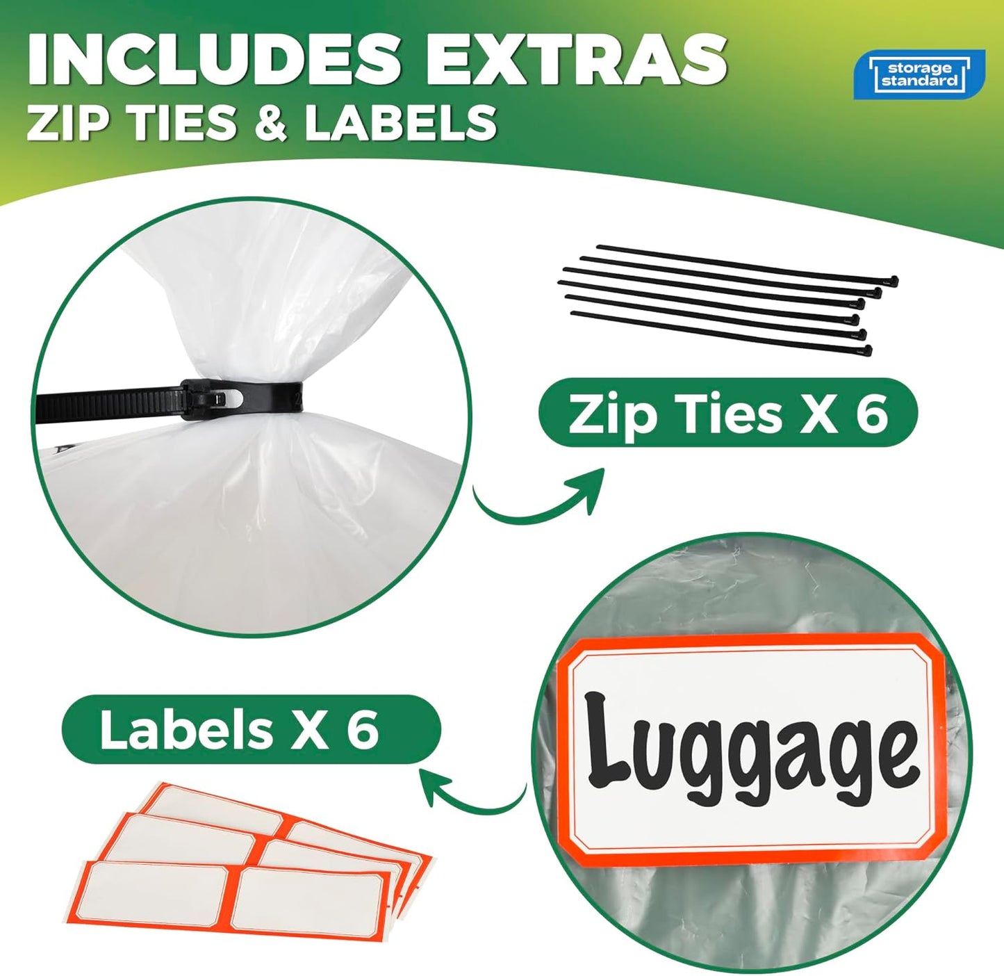 Large Clear Plastic Storage Bags - Waterproof Heavy-Duty Zip Ties | 40 x 60 Inches - Perfect for Luggage, Suitcases, Strollers & Travel Gear