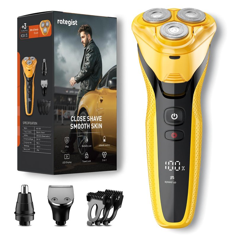 rategist Rechargeable Electric Razor for Men: 3-in-1 Shaver for Beard/Nose/Sideburns - IPX7 Waterproof Travel Kit - Turbo Speed & Precision Blades,Cyber Yellow