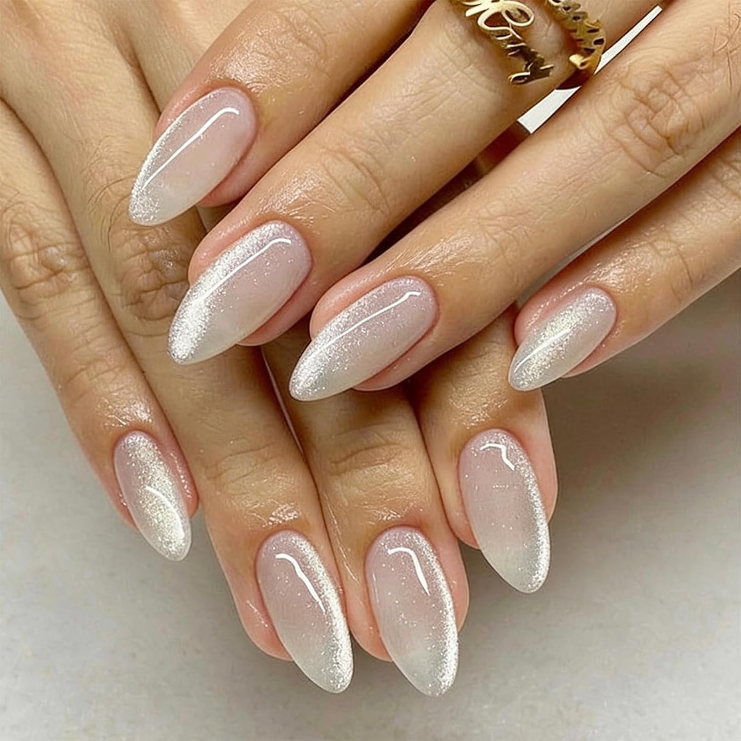 Almond Press-On Nails - White French Tip with 3D Gold Bow | Reusable Acrylic Full Cover, 24 Pcs