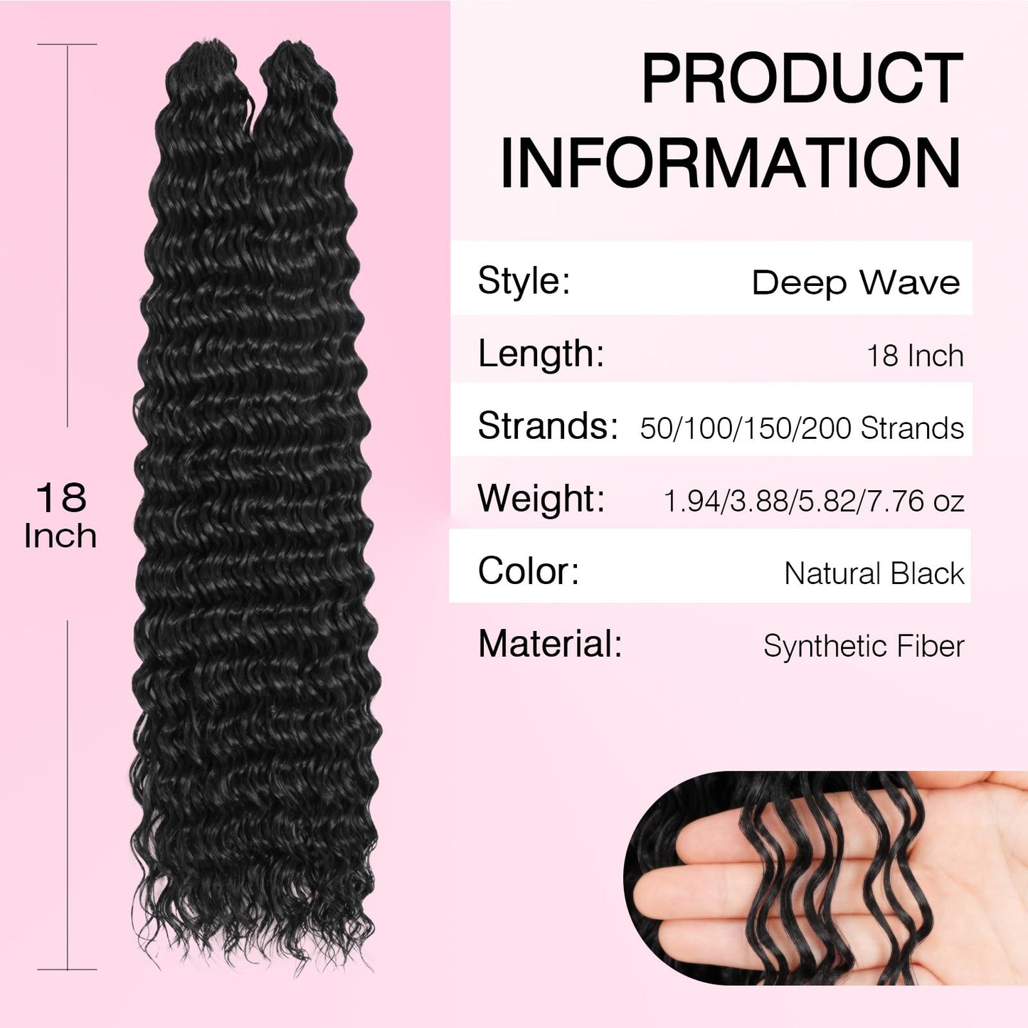 Miracle Knots Feather Crochet Hair (Deep Wave) - 18" Hand-Tied Synthetic Extensions, 100 Strands Soft Cotton Core Glue-Free Knotless Hair Pieces (Natural Black)