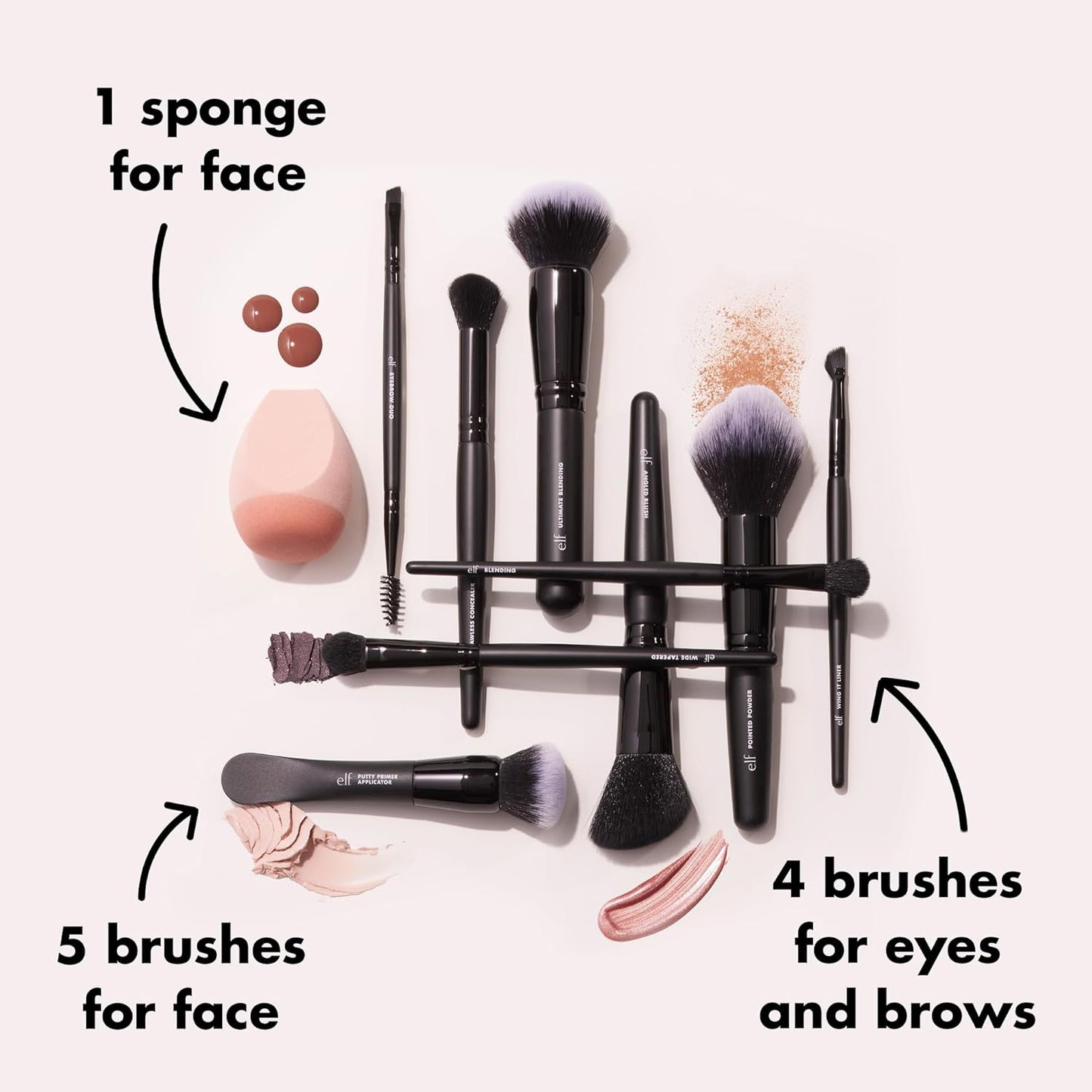 e.l.f. Ten Out Of Ten Brush Set - 10 Piece Vegan Makeup Brushes for Face, Eyes & Brows | Synthetic Bristles
