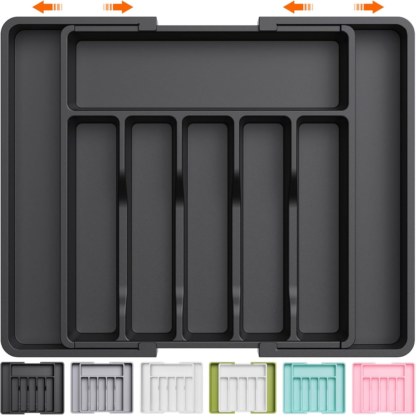 Expandable Silverware Organizer - BPA-Free Plastic Utensil Tray for Kitchen Drawer | Space-Saving Cutlery Holder, Black, 8.5-14 x 12 x 1.5 Inch