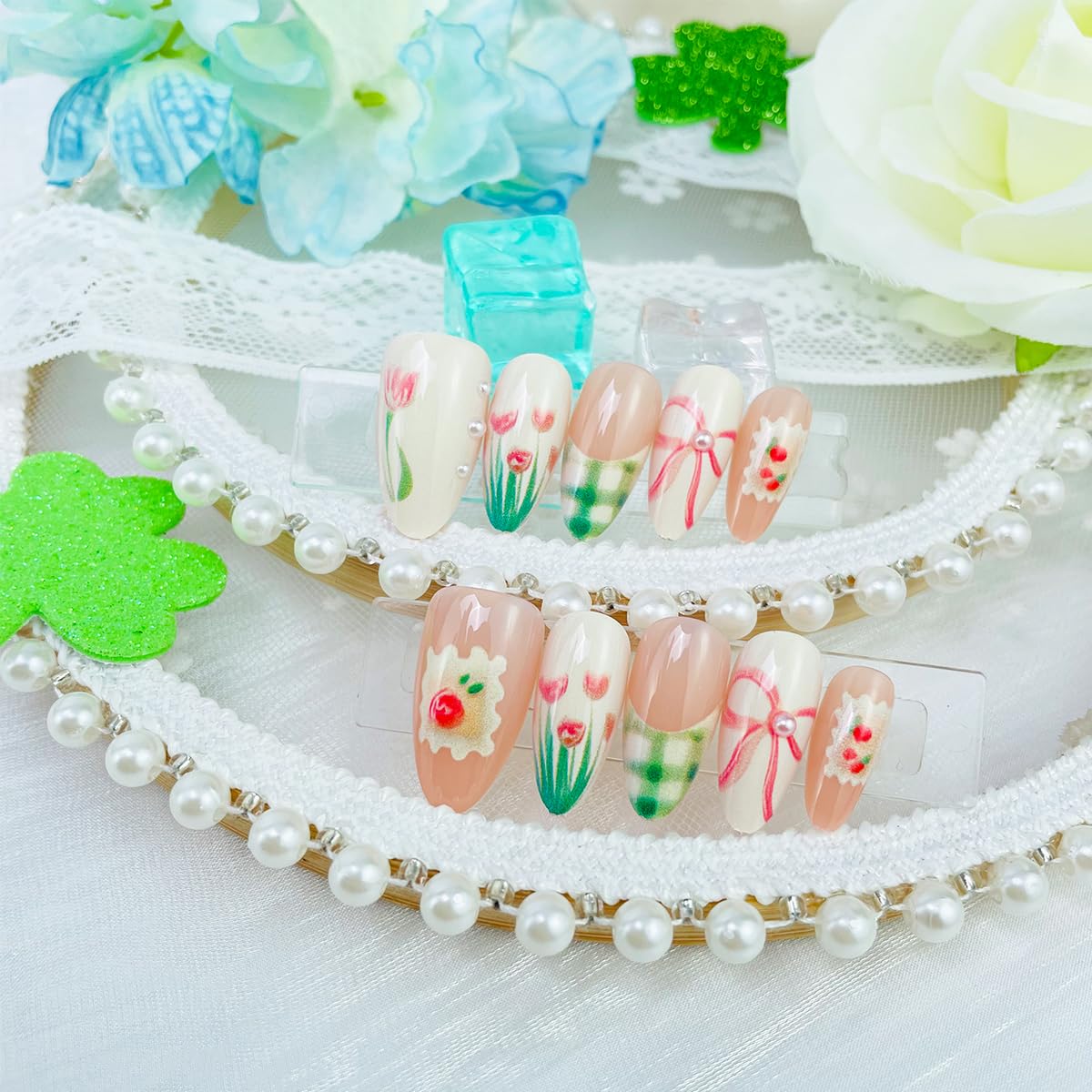 Almond Shape Press-On Nails - Cute Green French Tip with Flower & Strawberry Bow Designs | 30 Pcs Glossy Pink Acrylic for Summer Manicure