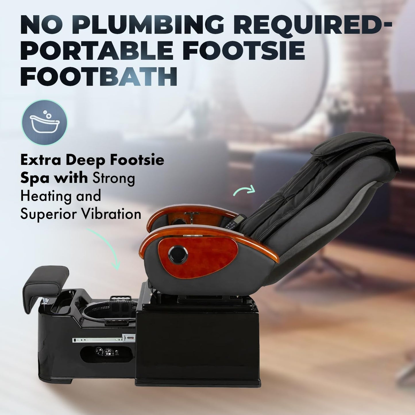 Pibbs PS42 Plumb-Free Fiberglass Pedicure Spa, Footsie Bath, Full Roller Massage, Reclining Back, Liners, Adjustable Footrest & Manicure Trays, No Plumbing, PIB-PS-42-BLK