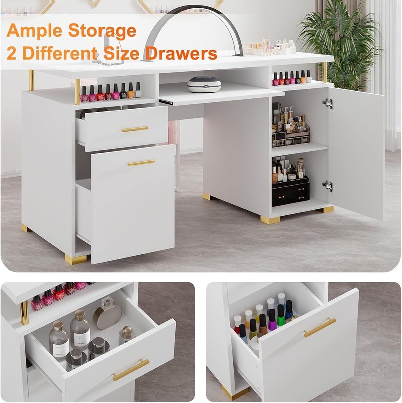 White Nail Desk for Nail Tech | 55-Inch Manicure Table with 2 Drawers & Adjustable Shelf - Elegant White & Gold Design