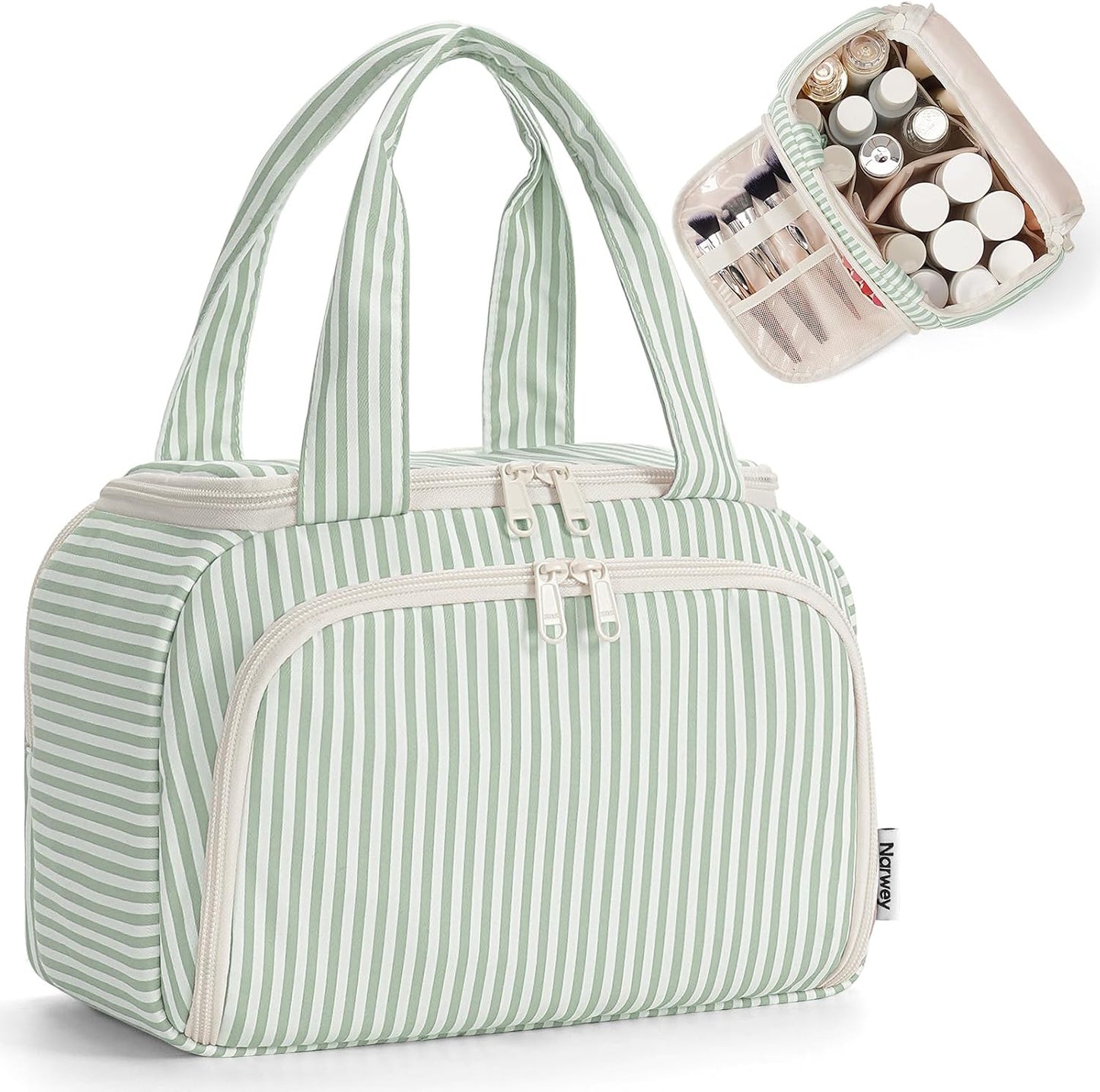 Checkered Travel Toiletry Bag - Large Makeup Organizer with Handle | Mint Green Checkerboard