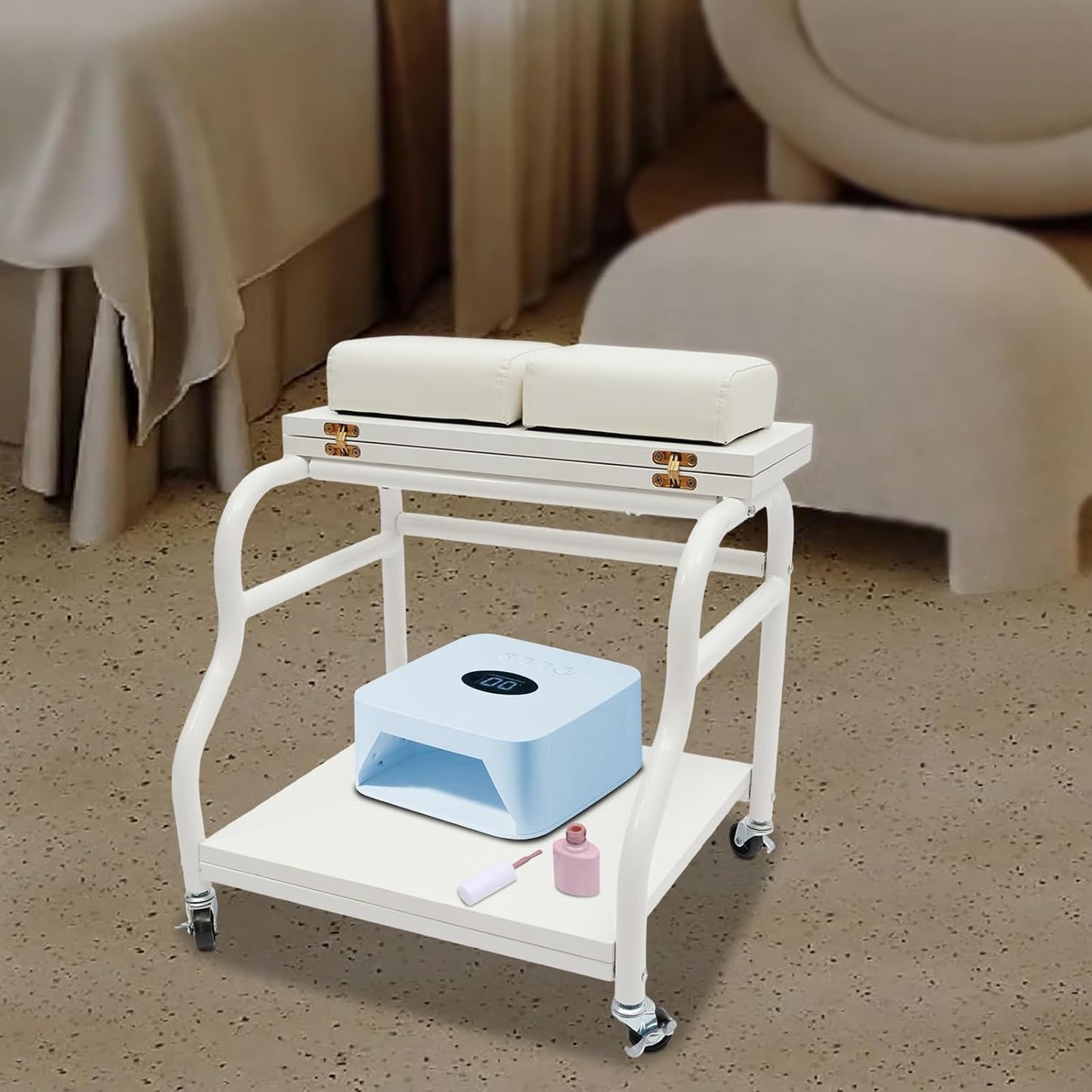 Pedicure Cart - 2-Tier Portable Foot Bath Trolley for Nail Salons | Foldable Rolling Manicure Storage Cart (White)