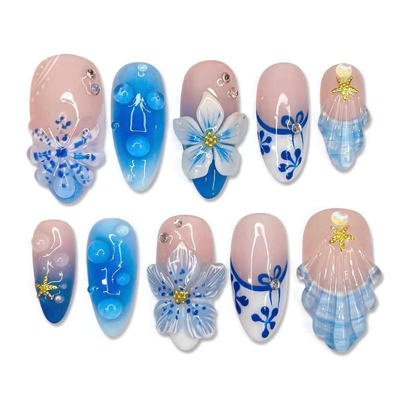 Cute Summer Press-On Nails - Short Almond Blue & White French Tip with 3D Flower & Gold Starfish Design | 30 Pcs