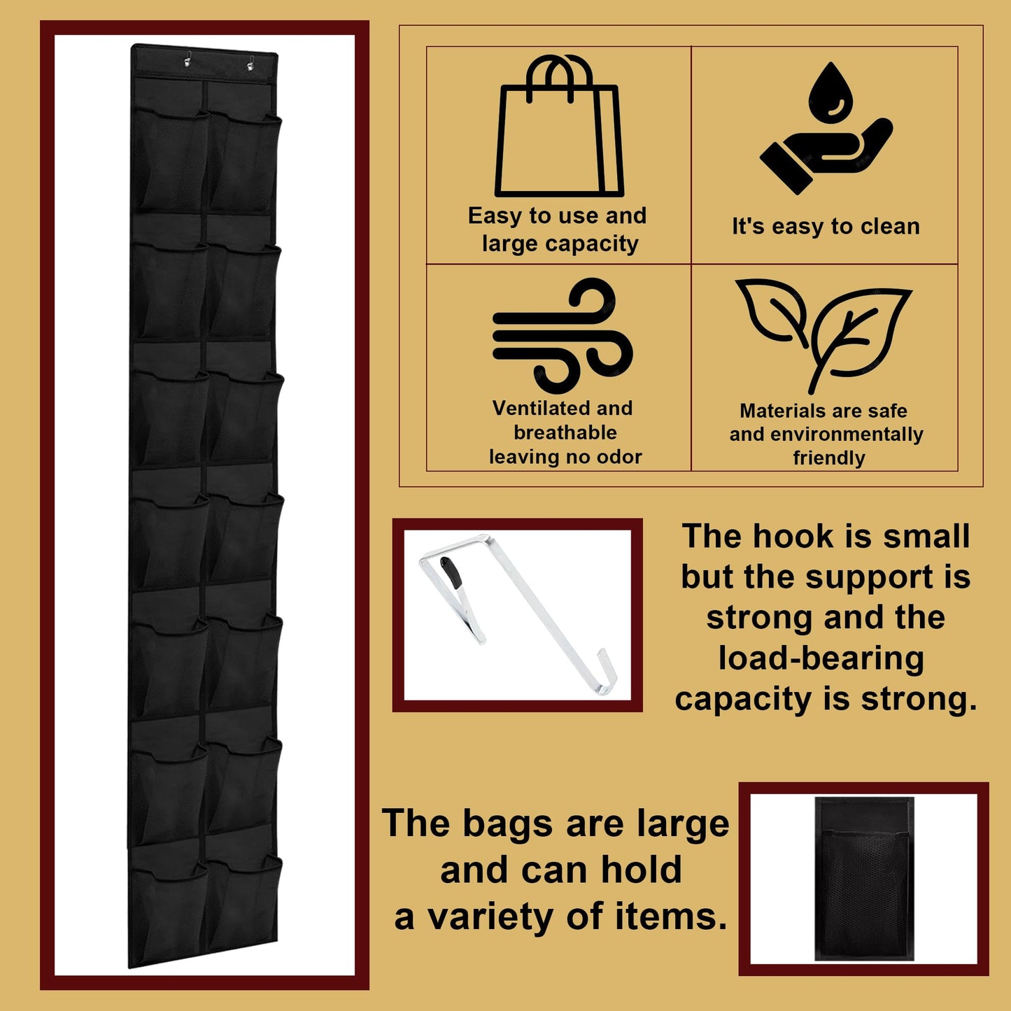 Over the Door Shoe Organizer with 14 Large Mesh Pockets, Space Saving Hanging Storage for Shoes & Accessories, Holds up to 40 lbs, Black Closet Rack Hanger BLACK