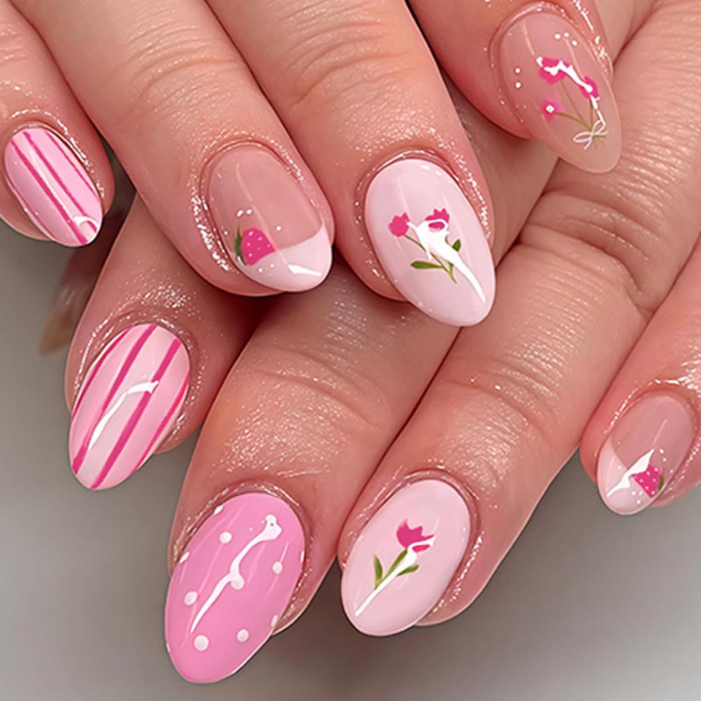 Press On Nails - Medium Oval Pink Fake Nails with Summer Designs | 24 Pcs Reusable Glossy Full Cover