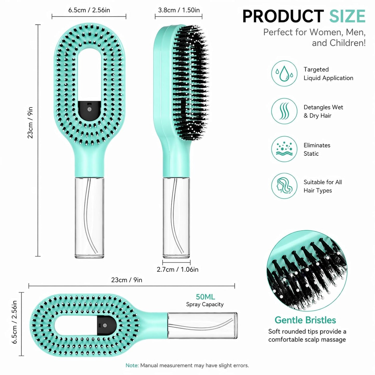Misting Hair Brush - 2-in-1 Non-Electric Detangling Tool for Wet & Dry Hair | Anti-Frizz, Fine Mist Sprayer (Green)